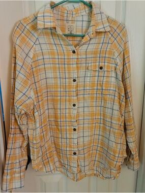 Billabong Yellow and Blue Plaid Lightweight Button-Down Shirt